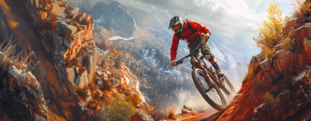 A mountain biker rides a bicycle on a rocky path. A cyclist in a helmet rides on rocks and a steep slope - obrazy, fototapety, plakaty