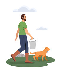 Farm scene worker concept. Man with bucket of milk. Countryside and rural scene. Young guy at field. Social media sticker. Cartoon flat vector illustration isolated on white background