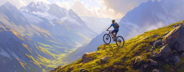 A person on a bicycle rides through a beautiful mountain landscape