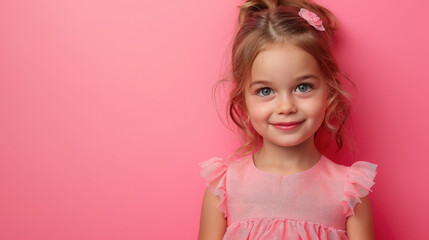 Obraz na płótnie Canvas cute little girl in a pink dress on a gentle crimson background in the studio, child, toddler, kid, children, daughter, portrait, place for text, face, person, fashion