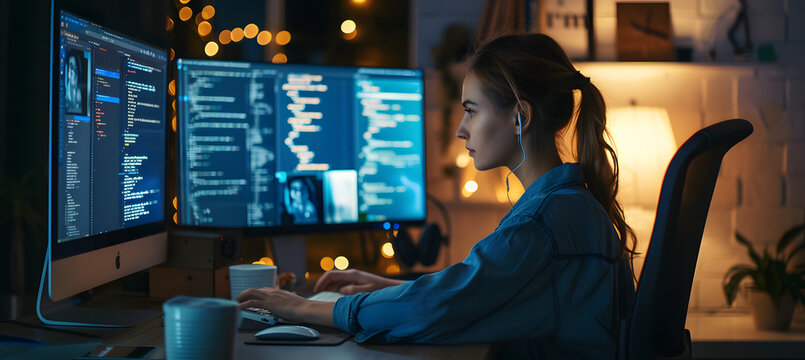woman working with computer and lamp nighttime at home