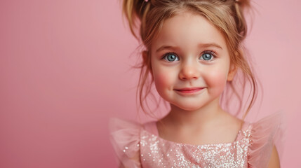 cute little girl in a pink dress on a gentle crimson background in the studio, child, toddler, kid, children, daughter, portrait, place for text, face, person, fashion