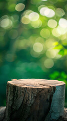 Naklejka premium wooden tree stump with blurred green background
