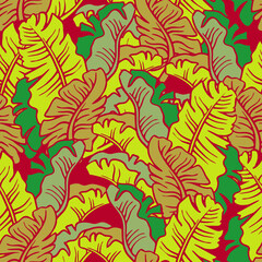 Fototapeta na wymiar Banana plant leaves pattern for textile design, fabric print, wallpaper, digital paper. Palm tree leaf background, jungle vintage style, hand drawn illustration for spa salon, cafe, hotel decoration.