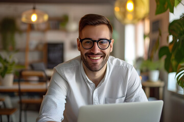 Fototapeta premium business man in glasses smiling on his laptop