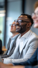 Fototapeta premium businessman sitting in an office with colleagues smiling