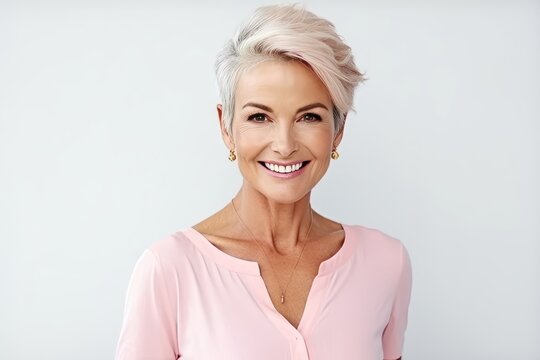 Portrait of beautiful middle-aged woman with short hair and makeup