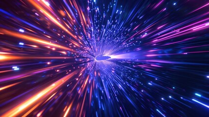 Blue light burst with blue lasers. Dark purple and orange background