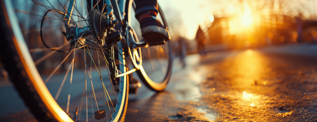 Close up of bicycle wheel with human foot on pedal with blurred background. Cycling in autumn. The...