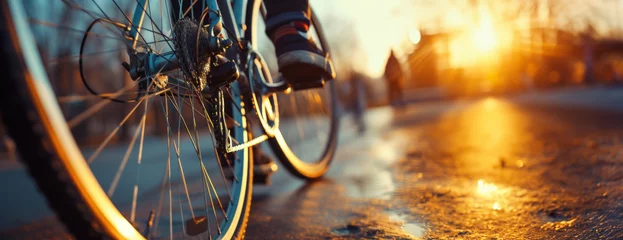 Foto op Canvas Close up of bicycle wheel with human foot on pedal with blurred background. Cycling in autumn. The concept of outdoor recreation © ColdFire