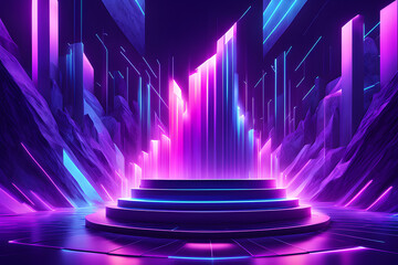 A futuristic blue podium with purple accents, glowing laser beams in a sci-fi ambience. 3D rendering features a minimalist scene with a blue cylinder stand and shimmering glitter for display