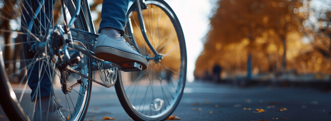 Close up of bicycle wheel with human foot on pedal with blurred background. Cycling in autumn. The concept of outdoor recreation - obrazy, fototapety, plakaty