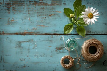 Country Spring Charm: Daisy and Greenery on Blue Wood

