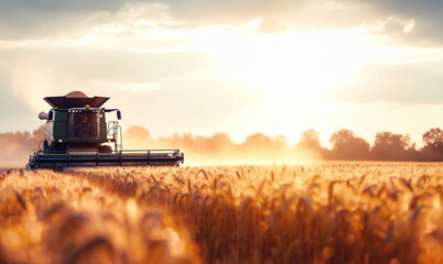 Combine harvester in the field at sunset Agricultural machine harvests wheat
