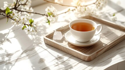 Obraz na płótnie Canvas Spring Renewal: Crystal, Cherry Blossom, and Herbal Tea