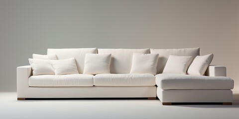 Isolated white sofa, right corner, with low back. Upholstered sofa bed with armrests, cushions, and bolster pillows. - obrazy, fototapety, plakaty