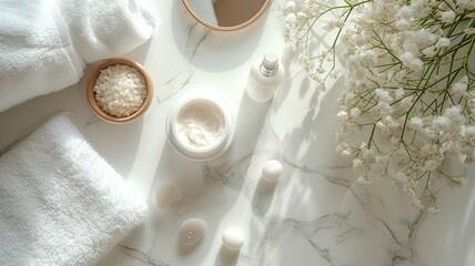 Obraz na płótnie Canvas Spring Self-Care Ritual: Skincare and Serenity on Marble