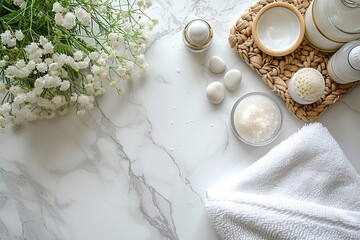 Fototapeta na wymiar Spring Self-Care Ritual: Skincare and Serenity on Marble