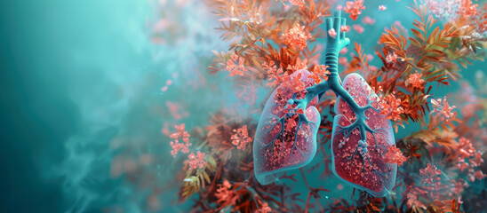 Human lungs with prominent bronchial tree and alveoli. A lung with a crystalline appearance on a dark background with a blue tint. Concept of lung structure and function - obrazy, fototapety, plakaty