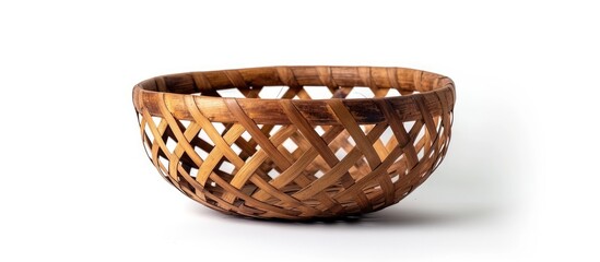 Wooden bamboo basket on white background, with work path for isolation.