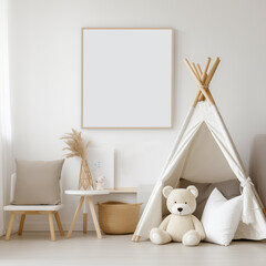 Blank white poster in children's room, minimalistic, modern style mockup