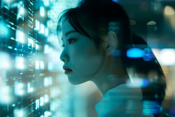 female data analytics looking at a digital screen 