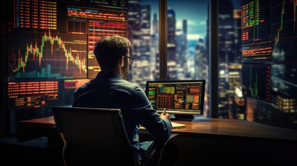 Successful businessman at work. Broker trading stocks looking at screen with charts. Forex graph, economic growth, business, finance and investment.AI Generated