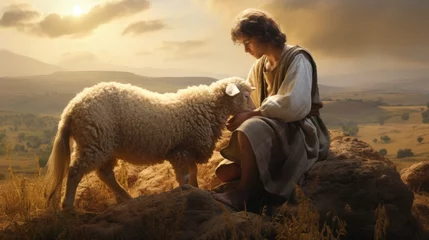 Foto op Canvas Capturing serenity: a tender portrayal of the little child Jesus Christ herding sheep, an endearing and symbolic scene embodying innocence, faith, and the pastoral charm of the biblical narrative © Ruslan Batiuk