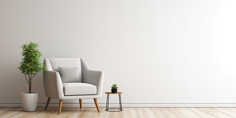 Modern-style living room with fabric armchair, side table, and empty white wall on wood floor