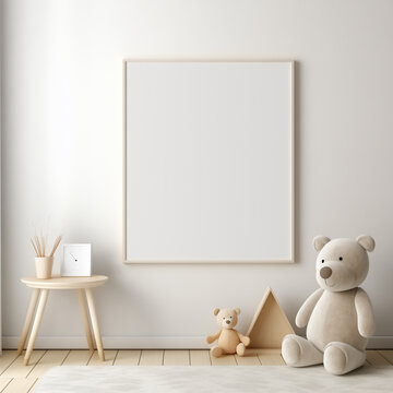 Blank white poster in children's room, minimalistic, modern style mockup