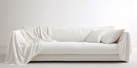 Contemporary white fabric sofa with draped fabric isolated