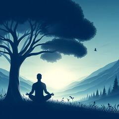 Tranquil Meditation: Silhouette of a Person in Lotus Position at Dawn in a Peaceful Valley