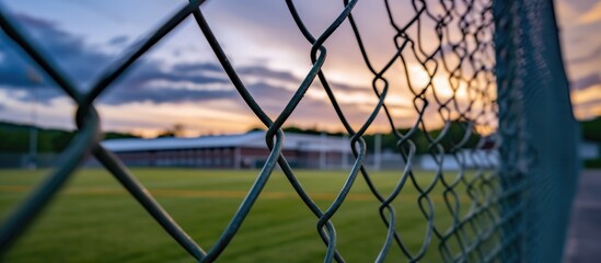 Cloudy sky with security fence in focus in a high school building and sports field.