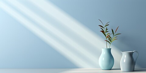 Delicate light blue mockup in corner of room with shadows and minimal background.