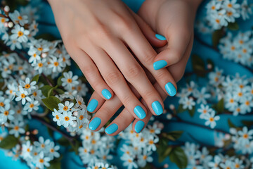 Fototapeta premium Female hands with beautiful spring blooming flowers nail design. Woman hands with trendy polish manicure on background with white spring flowers