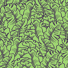 Fototapeta na wymiar Banana plant leaves pattern for textile design, fabric print, wallpaper, digital paper. Palm tree leaf background, jungle vintage style, hand drawn illustration for spa salon, cafe, hotel decoration.
