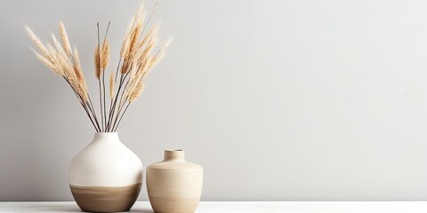 Beige vases with dry grass branches on white table against black white wall. Minimal Scandinavian interior. Neutral trendy decoration.
