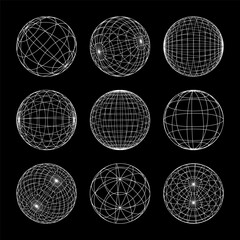 Wireframe shapes, lined sphere. Perspective mesh, 3d grid. Low poly geometric elements. Retro futuristic design elements, y2k, vaporwave and synthwave style. Vector illustration