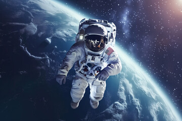 International Day of Human Space Flight banner. Space man astronaut in space on a background of the blue planet Earth. Space mission concept. Welcome to space - obrazy, fototapety, plakaty