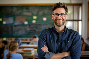 male teacher with arms folded and smiling in his classroom