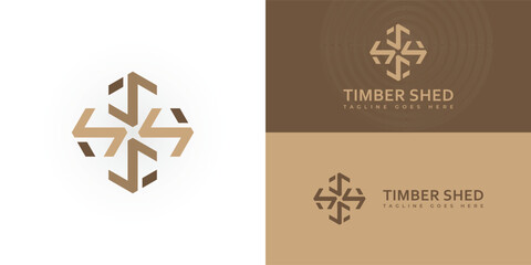 Abstract initial letter TS or ST logo in multiple brown colors is presented with multiple white and brown backgrounds. The logo is suitable for a woodworking company logo design inspiration template