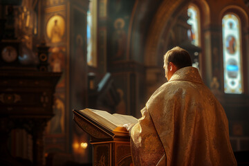 Liturgical. Priest at the lectern. - obrazy, fototapety, plakaty