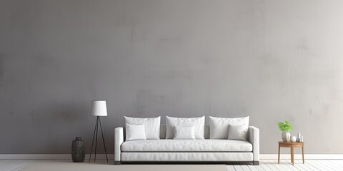 Fototapeta na wymiar Grey wall with white sofa in front.