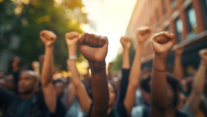 many people with fists up during protests - obrazy, fototapety, plakaty