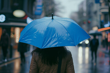 Blue Monday background. Most depressing day of the year. Feelings of depression, sadness, loneliness, melancholy. Lonely alone woman with big blue umbrella in city