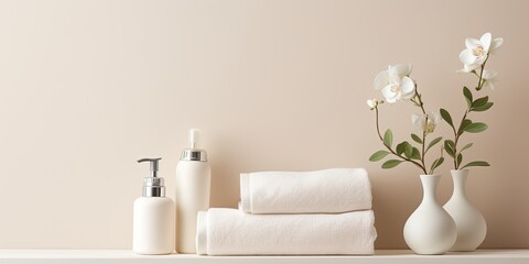 Beige pastel bathroom interior with white shelf, towels, soap, perfume bottle, and cotton plant. Space for text. Minimalistic. - obrazy, fototapety, plakaty