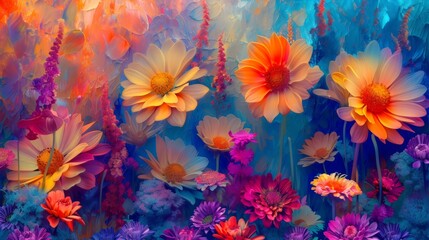 Fototapeta na wymiar Vibrant Floral Artwork with a Colorful Abstract Background