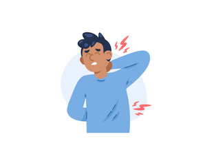 Fibromyalgia. Pain and sensitivity in the muscles that spreads. aching feeling all over the body. a man felt pain from his neck to his waist. health problems. cartoon illustration design. graphic