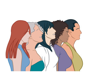 Women with diversity and different appearance. Illustration for international women's day. Vector isolated on transparent background.