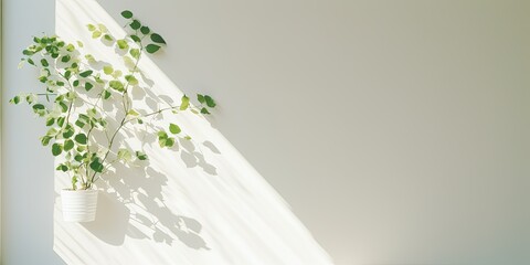 Shadow of window on white wall with green leaves, mockups, posters, stationary, design presentation, sunny day concept, creative copyspace.